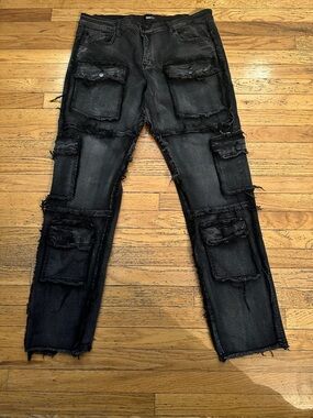 Fashion Nova Men Black Distressed Cargo Patch Jeans